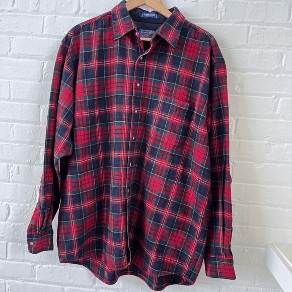 Pendleton Lodge Shirt Plaid 100% Virgin Wool XL Long Red Green Navy - Picture 1 of 9